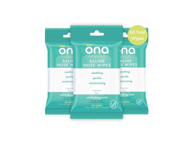 Ona Renewals Saline Nose Wipes, Fragrance Free, 20 Count, Pack Of 3