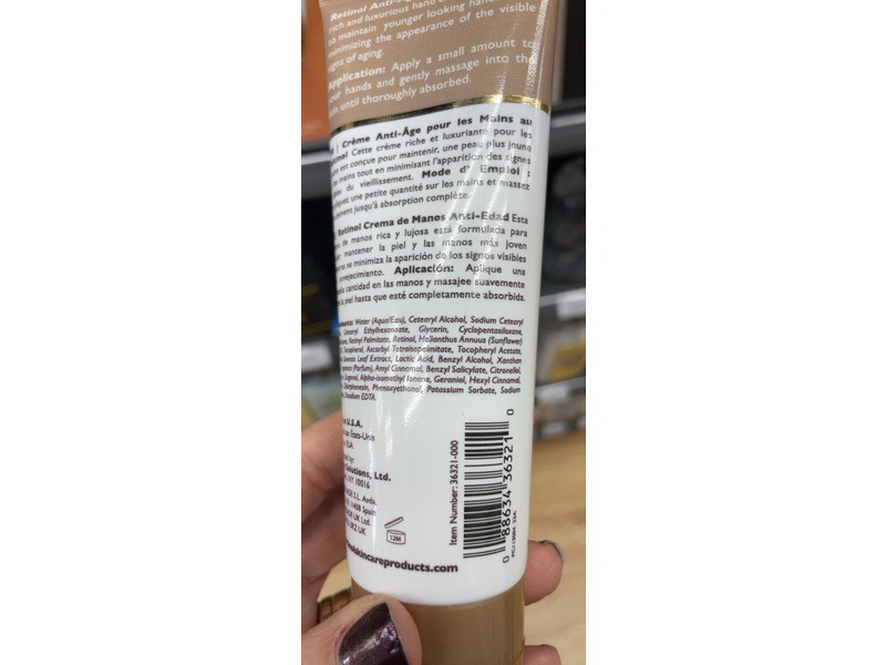 Retinol Anti-Aging Hand Cream, Vitamin A, C & E, 3.4 oz/100 g