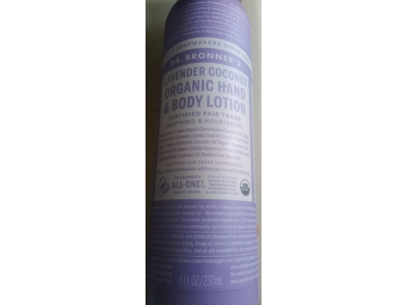 Dr. Bronner's Organic Hand & Body Lotion, Lavender Coconut, 8 fl oz/237 mL