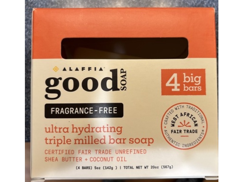 Alaffia Ultra Hydrating Triple Milled Bar Soap, Fragrance Free, 5 oz/142 g, Pack Of 4