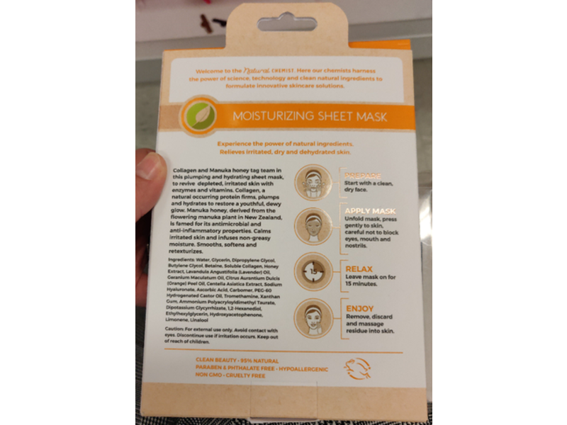 Natural Chemist Collagen Moisturizing Sheet Mask, Manuka Honey, 3.7 oz/105 g, Pack Of 5