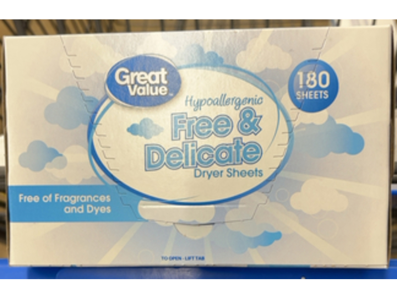 Great Value Dryer Sheets, Free & Delicate, 180 Count