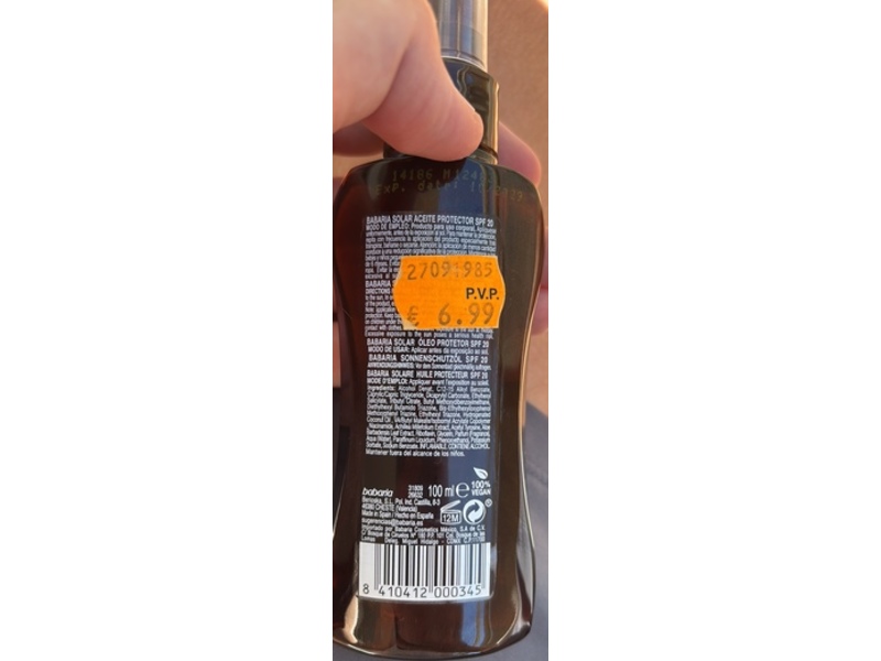 Babaria Protective Sun Oil, SPF 20, 3.4 fl oz/100 mL