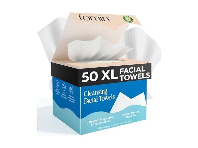 Fomin Ultra-Soft Plant-Based & Tear-Resistant Cleansing Facial Towels, 365 g, 50 Extra Large Towels
