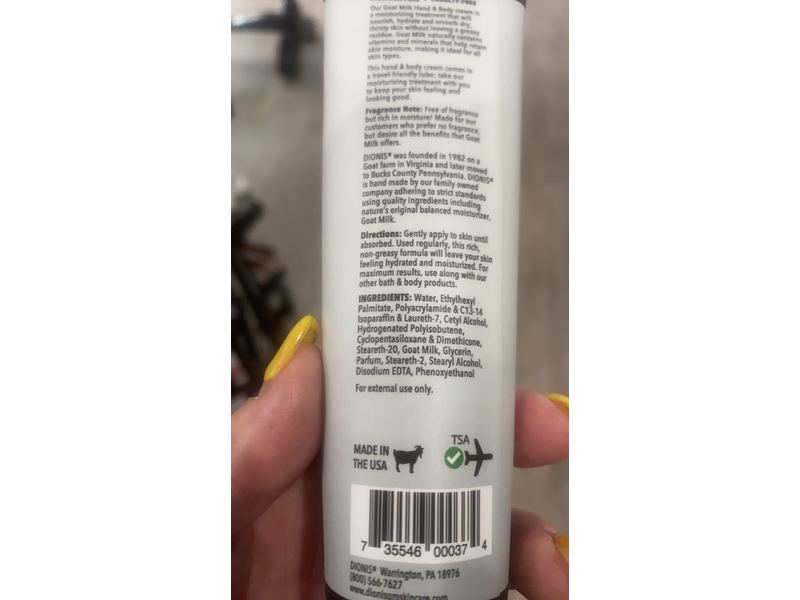 Dionis Hand & Body Goat Milk Cream, 2 In 1 Moisturizing Treatment, Unscented, 3.3 oz / 93 g