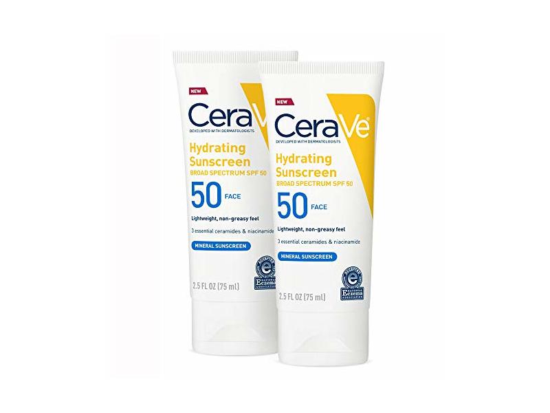 CeraVe Hydrating Mineral Face Sunscreen, SPF 50, 2.5 oz/75 mL, Pack Of 2