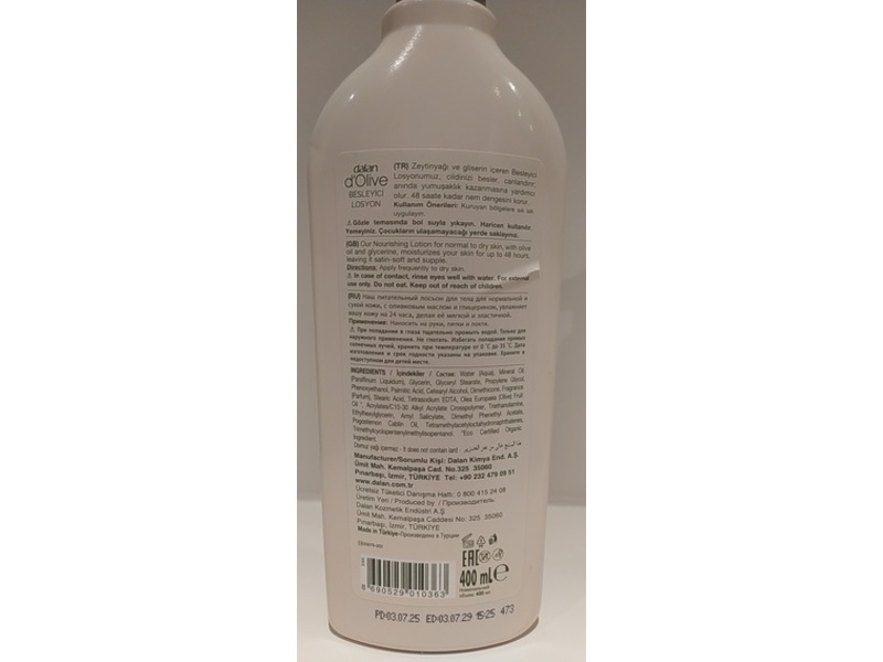 Dalan d´Olive Body Lotion, Organic Olive Oil, 400 mL