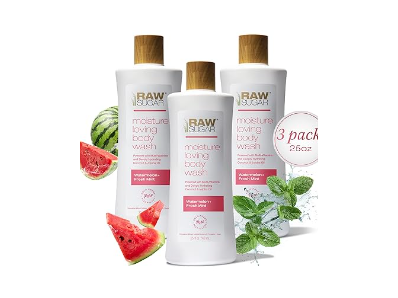 Raw Sugar Moisture Loving Body Wash, Watermelon + Fresh Mint, 25 fl oz/740 mL, Pack Of 3