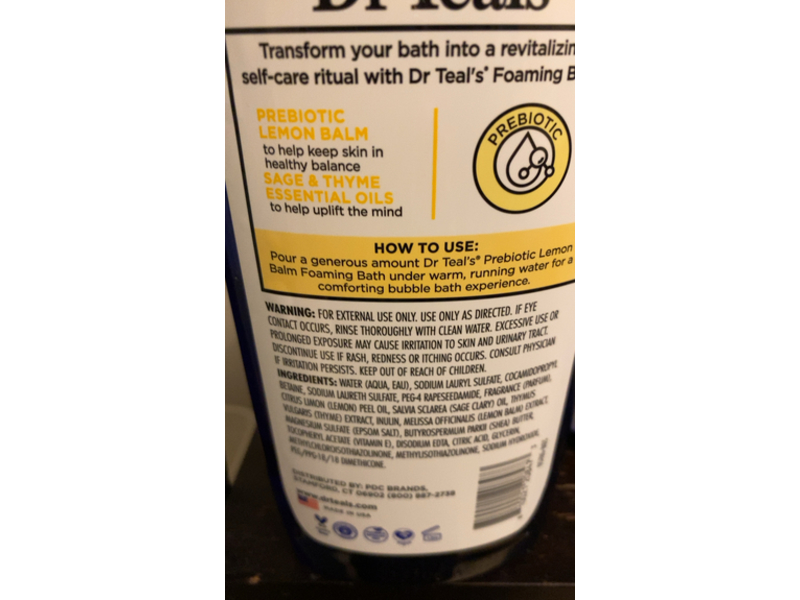 Dr Teal's Foaming Bath Pure Epsom Salt, Lemon Balm & Essential Oils, 34 fl oz/1000 mL, Pack Of 4