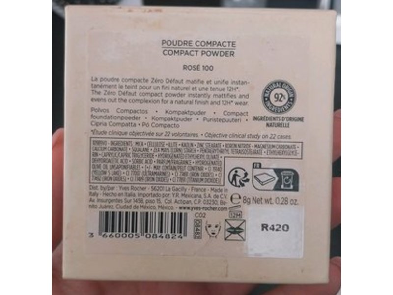 Yves Rocher Compact Powder, Rose 100, 0.28 oz/8 g