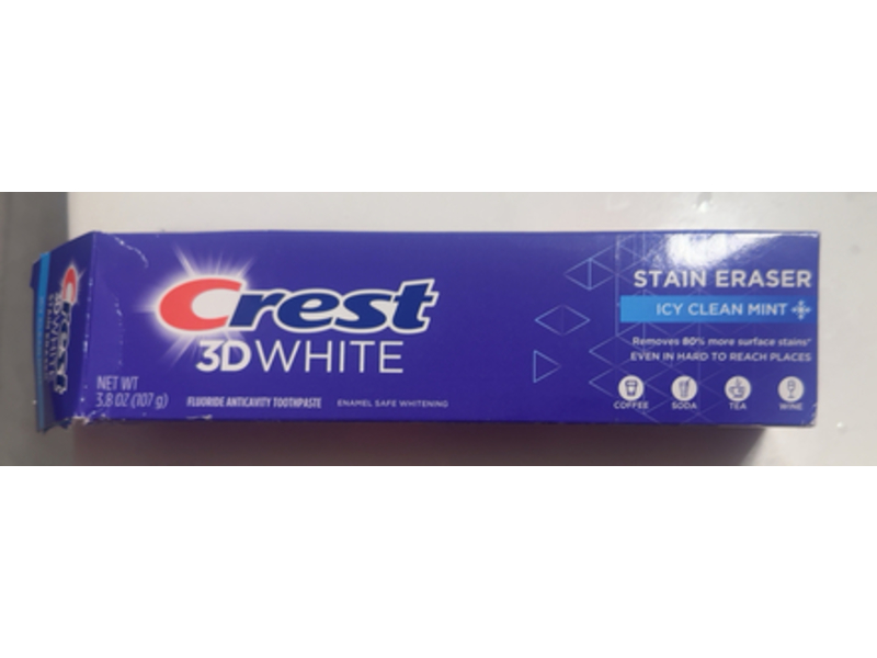 Crest 3D White Stain Eraser Teeth Whitening Toothpaste, Icy Clean Mint, 3.8 oz/107 g