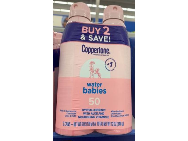 Coppertone Water Babies Sunscreen Lotion Spray, SPF 50, 12 oz/340 g, Pack of 2