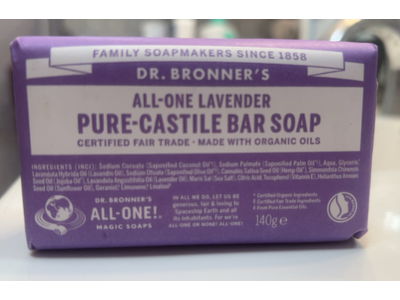 Dr Bronner's Pure Castile Bar Soap, Lavender, 5 oz/140 g