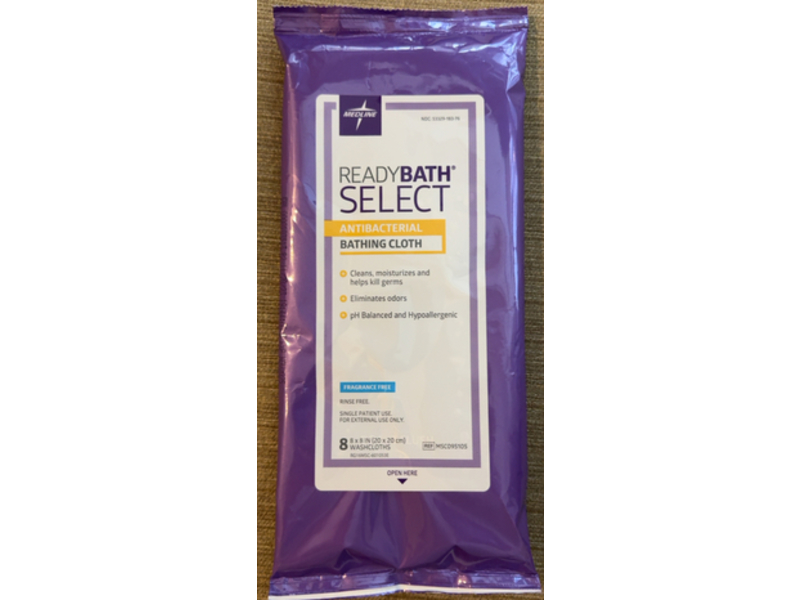 Medline Ready Bath Select Antibacterial Body Cleansing Cloth Wipes, 8 Count, Pack Of 30
