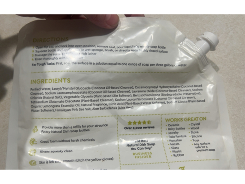 Puracy Natural Dish Soap Refill, Organic Lemongrass, 48 oz/1418 mL