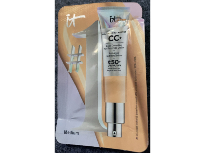 It Cosmetics Your Skin But Better CC+ Color Correcting Full Coverage Cream, Anti - Aging Hydrating Serum & Physical Sunscreen, Medium, SPF 50+, 1 mL