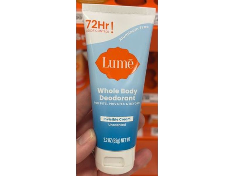 Lume Whole Body Invisible Deodorant Cream, Unscented, 2.2 oz/62g