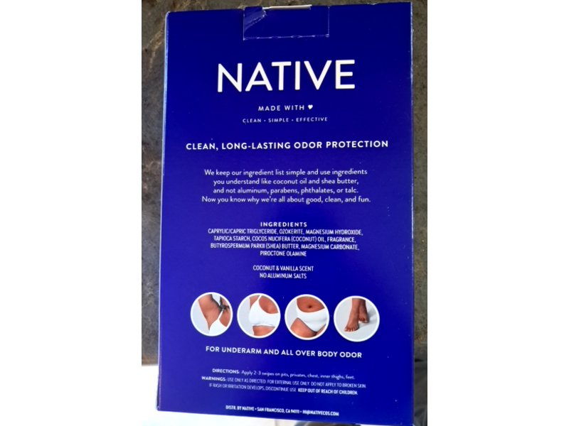 Native Whole Body Deodorant, Coconut & Vanilla, 2.3 oz/65 g, Pack Of 3