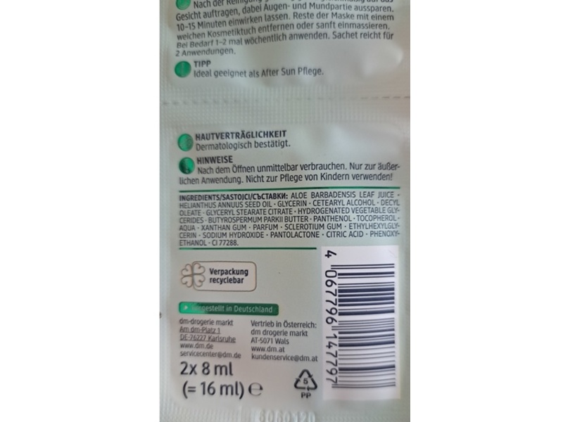 dm Balea Face Mask, Aloe Vera, 8 mL, 2 Count