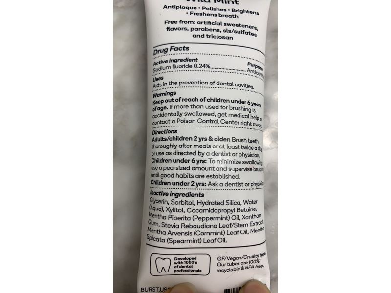 Burst Fluoride Whitening Anticavity Toothpaste, Wild Mint, 4.7 oz/133 g, Pack Of 2