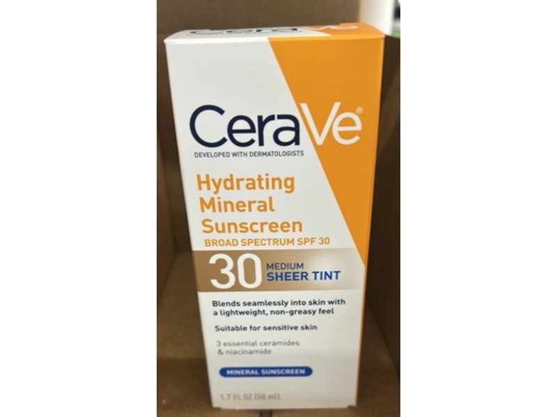 CeraVe Hydrating Mineral Sunscreen, SPF 30, Medium Sheer Tint, 1.7 fl oz /50 mL