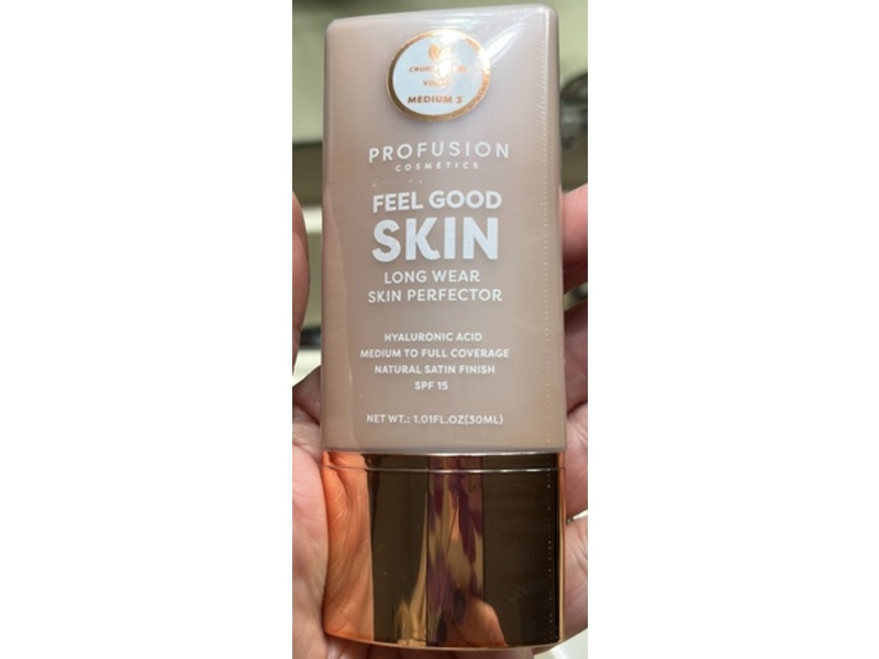 Profusion Cosmetics Feel Good Skin Long Wear Skin Perfector, SPF 15, Hyaluronic Acid, Medium 3, 1.01 fl oz/30 L
