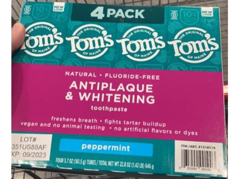 Tom's Of Maine Antiplaque & Whitening Toothpaste, Peppermint, 5.7 oz/161.5 g, Pack Of 4