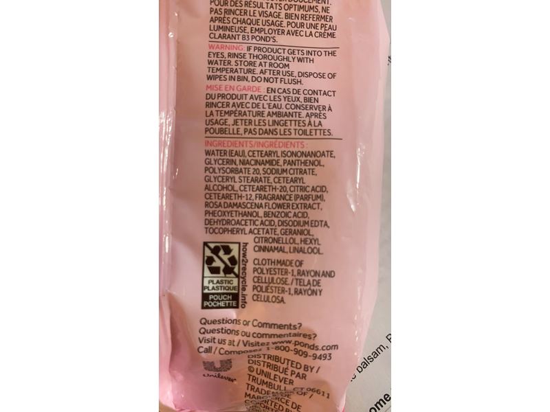 Pond's Vitamin Micellar Wipes Brighten, Rose+Vit B3, 25 Wipes