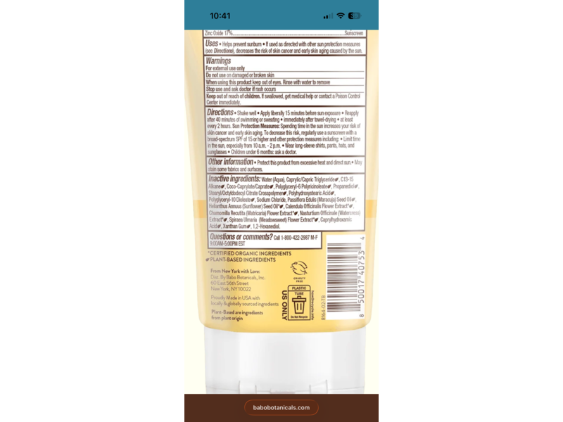 Babo Botanicals Hydrating Milk Mineral Sunscreen, SPF 30, Fragrance Free, 2 fl oz/59 mL