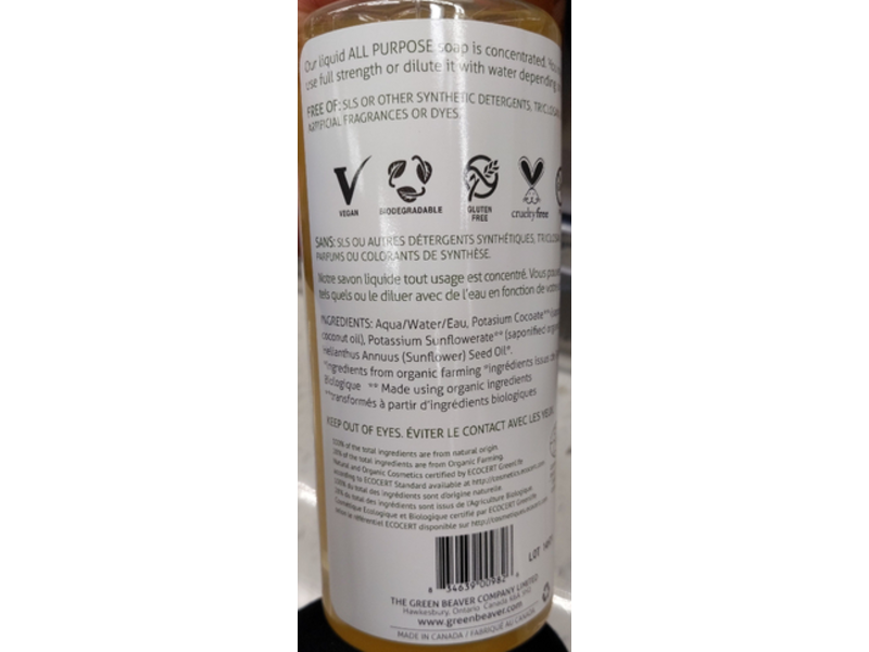 The Green Beaver Company All Purpose Soap, Unscented, 990 mL