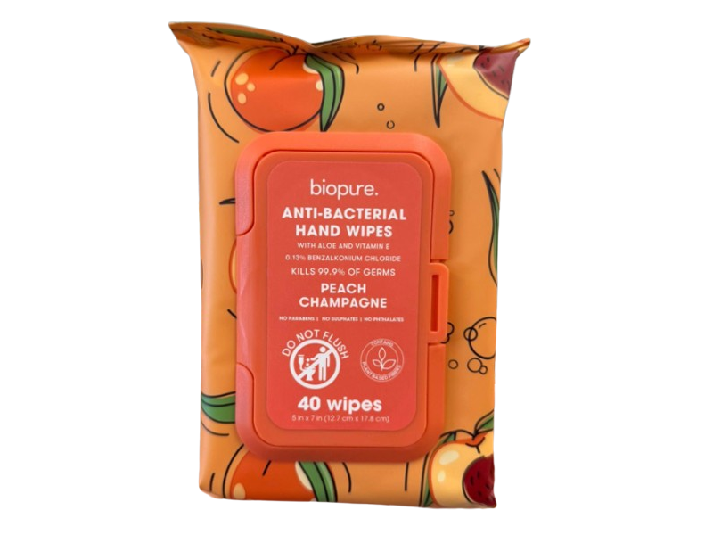 Biopure Anti-Bacterial Hand Wipes, Peach Champagne, 40 Count