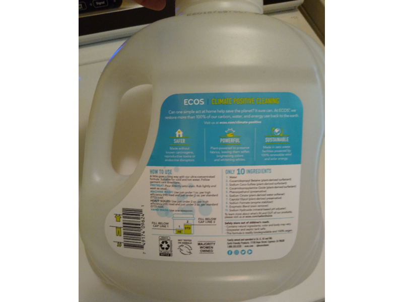 Ecos Plant Powered Laundry Detergent, Free & Clear, 120 Loads, 110 fl oz/3.25 mL