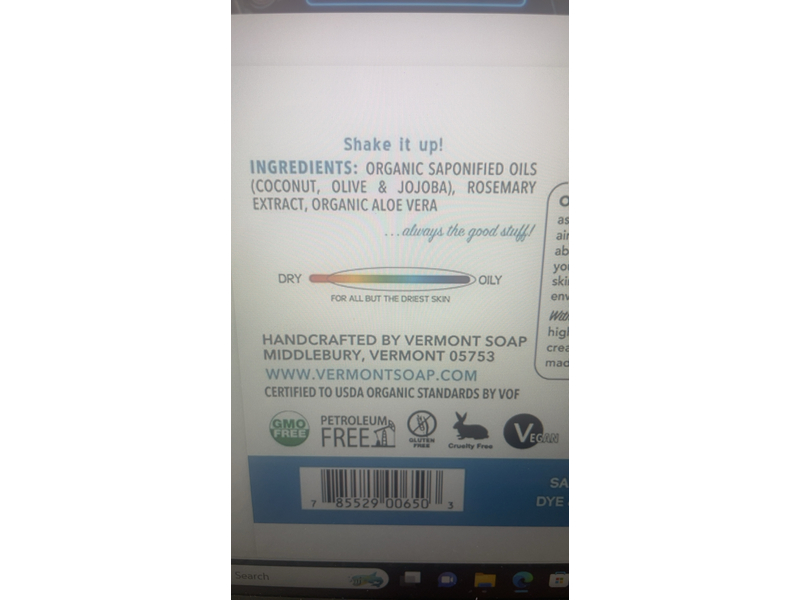 Vermont Soap Castile Liquid Soap, Organic Olive Oil, 64 fl oz/1.89 L