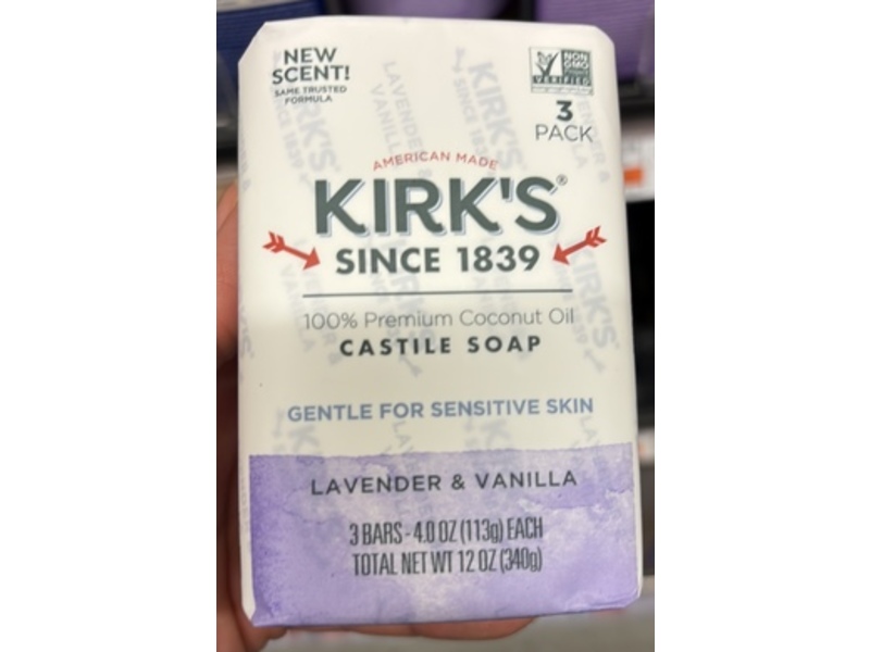 Kirk's Gentle Castile Soap, Lavender & Vanilla, 4.0 oz/113 g, Pack Of 3