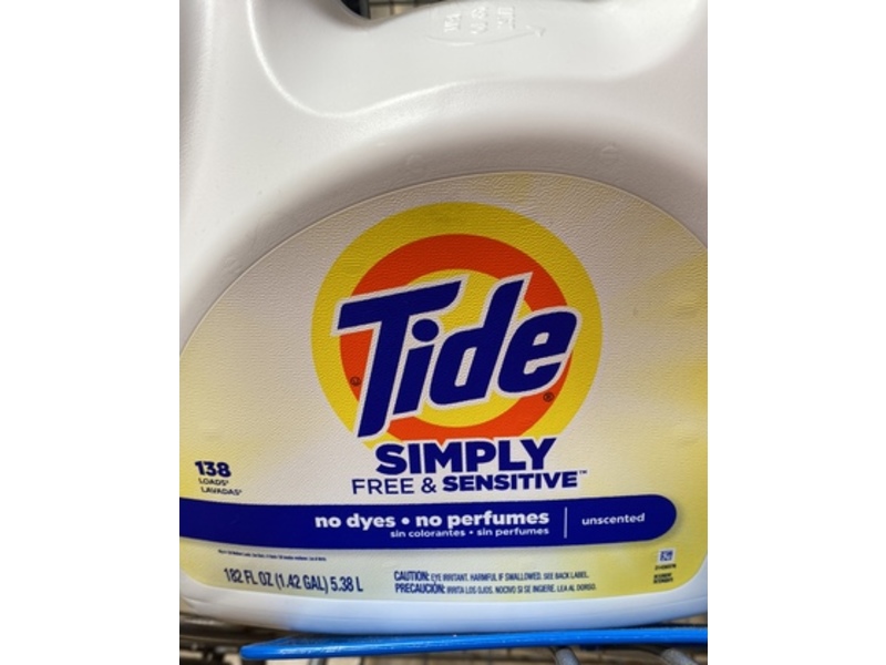 Tide Simply Free & Sensitive, Unscented, 182 fl oz/5.38 L, 138 Loads