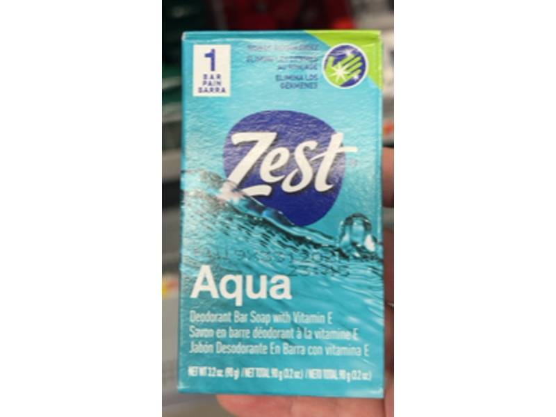 Zest Aqua Deodorant Bar Soap, Vitamin E, 3.2 oz/90 g, 1 Count