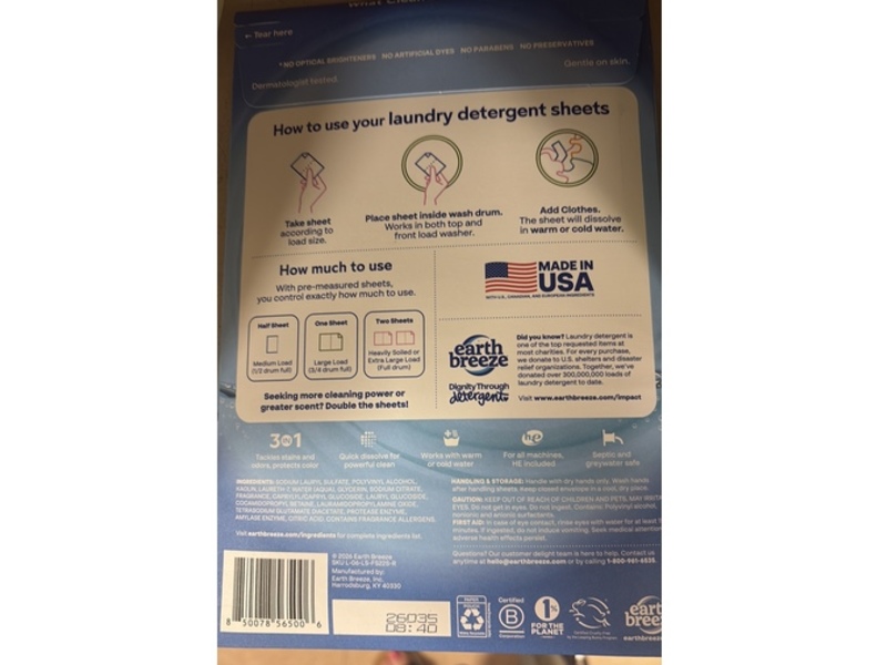 Earth Breeze Laundry Detergent Sheets, Fresh Scent, 44 Loads, 22 Count