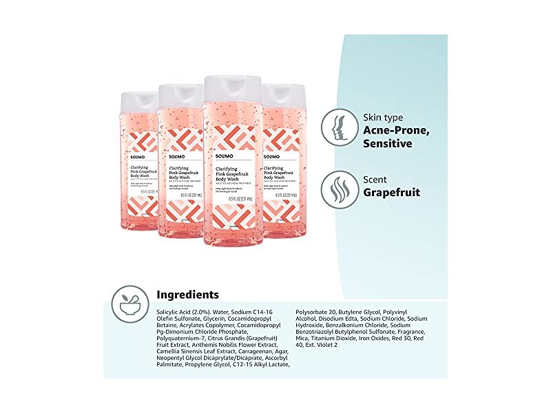 Amazon Brand - Solimo Clarifying Pink Grapefruit Body Wash, 2% Salicylic Acid Acne Treatment, Dermatologist Tested, 8.5 Fl Oz (Pack of 4)