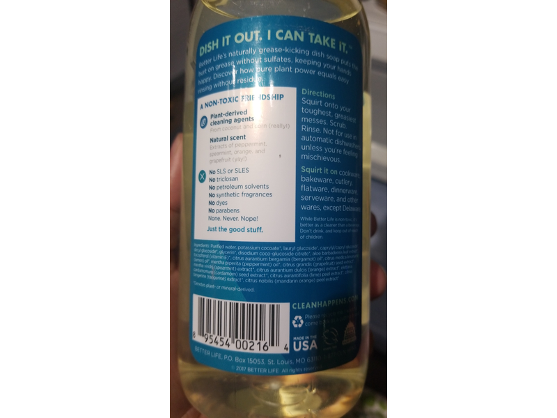 Better Life Naturally Grease-Kicking Dish Soap, Lemon Mint, 22 fl oz/651 mL