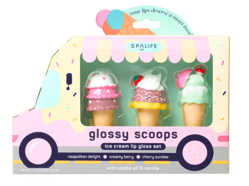 Spalife Glossy Scoops Ice Cream Lip Gloss Set, Nepolitan Delight, Creamy Berry, Cherry Sundae, 0.12 oz/3.8 mL, 3 Count