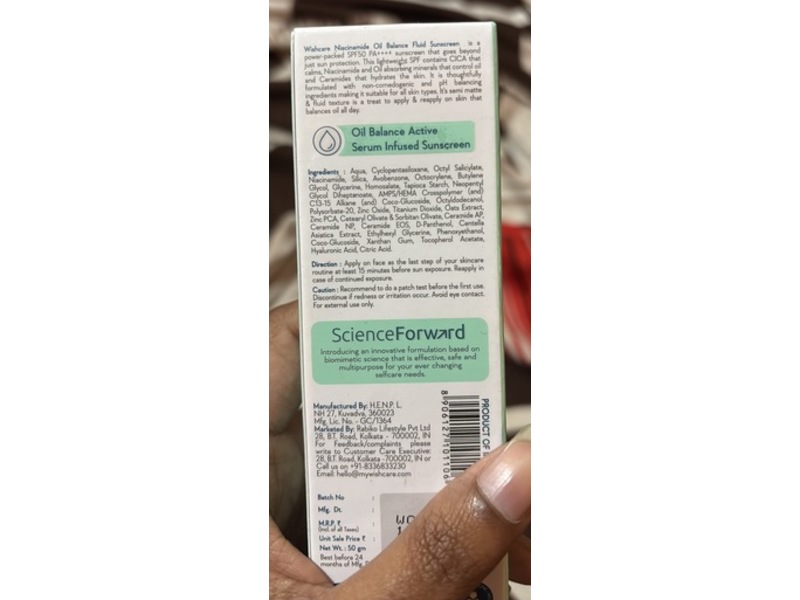 WishCare Niacinamide Oil Balance Fluid Sunscreen, SPF 50+ PA++++, 50 g