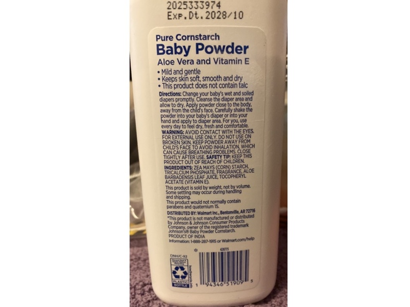 Equate Pure Cornstarch Baby Powder, Aloe Vera & Vitamin E, 15 oz/425 g, Pack Of 2