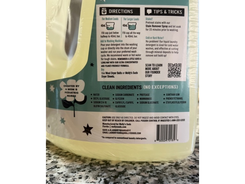 Molly's Suds Laundry Detergent, Unscented, 200 Loads,100 fl oz