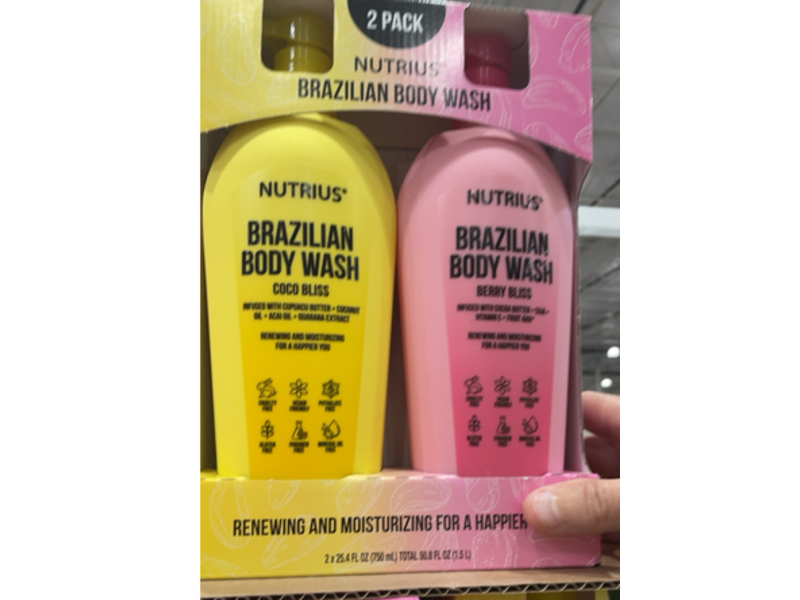 Nutrius Brazilian Renewing & Moisturizing Body Wash, Coco Bliss, Berry Bliss, 25.4 fl oz/750 mL, Pack Of 2