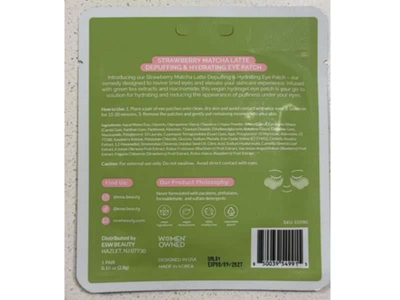 ESW Beauty Strawberry Matcha Depuffing & Hydrating Latte Eye Patches, 0.10 oz/2.8 g, 1 Pair
