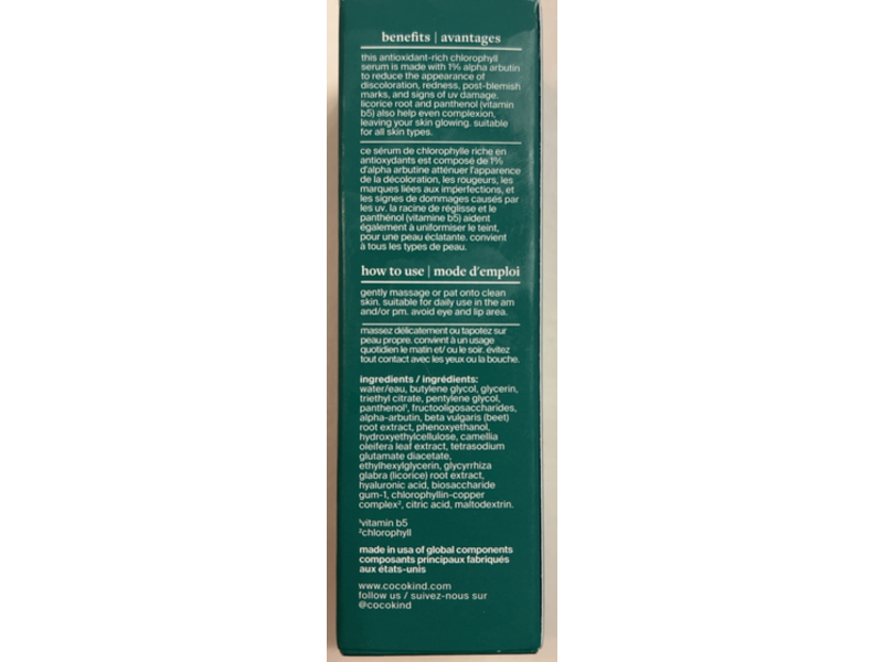 Cocokind Chlorophyll Discoloration Serum, 1 fl oz/30 mL