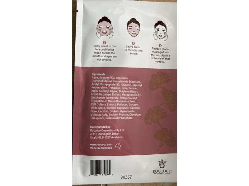 Roccoco Botanicals Peptide Sheet Mask, 0.88 oz/25 g, 1 Count