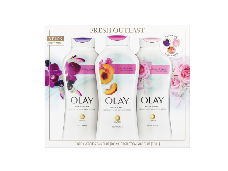 Olay Fresh Outlast Body Wash, Orchid & Black Current, Peach & Cherry Blossom, Rose Water & Sweet Nectar, 70.8 fl oz/ 2.09, Pack Of 3