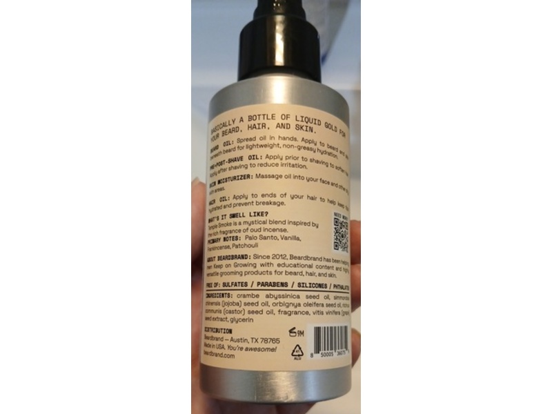 Beardbrand Utility Pre + Post Shave Oil, Temple Smoke, 4 fl oz/118 mL