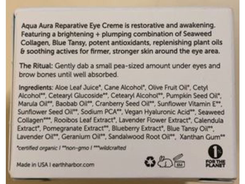 Earth Harbor Aqua Aura Reparative Eye Creme, Seaweed Collagen + Blue Tansy, 0.5 oz/15 mL